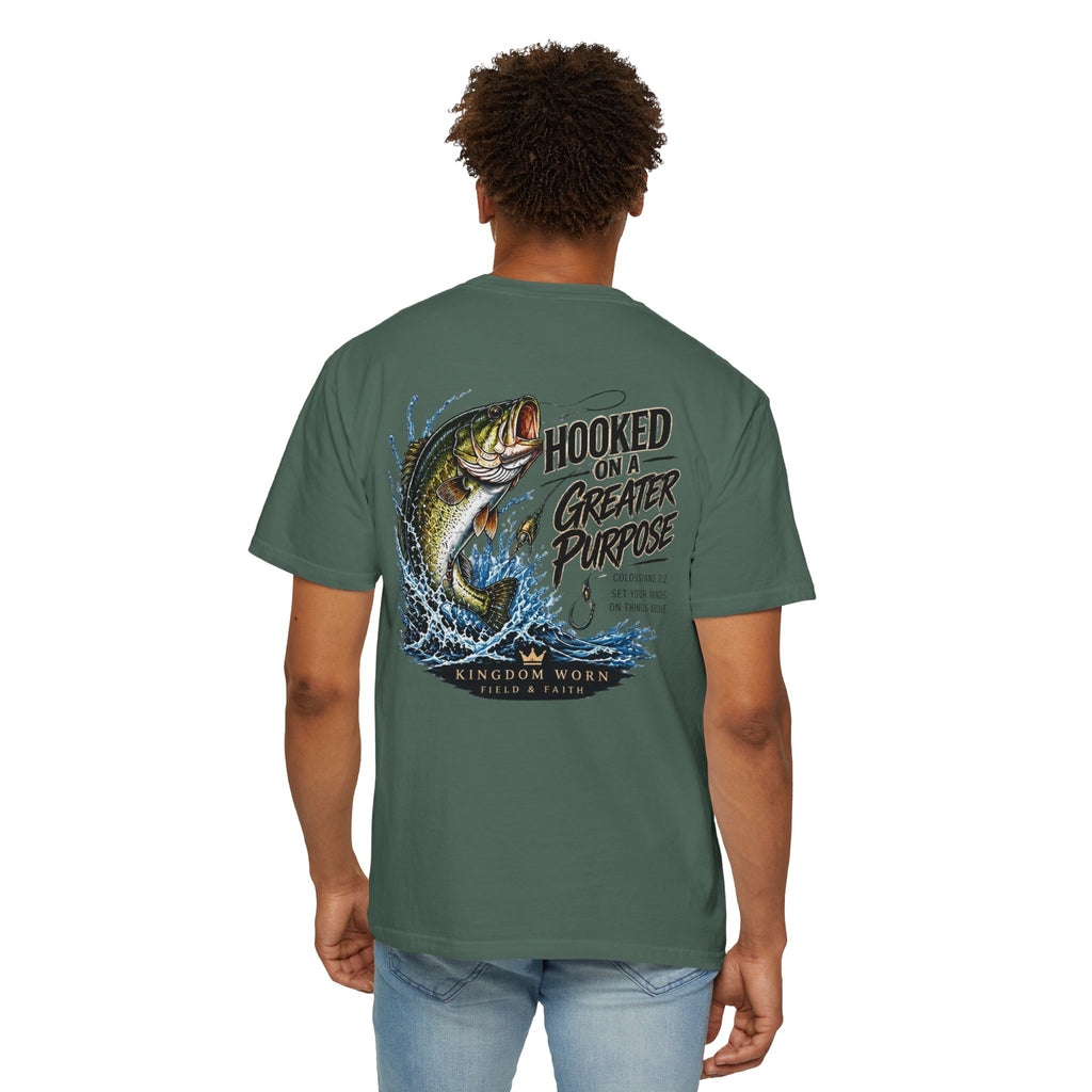 Hooked on a Greater Purpose Christian Fishing T-Shirt — Colossians 3:2