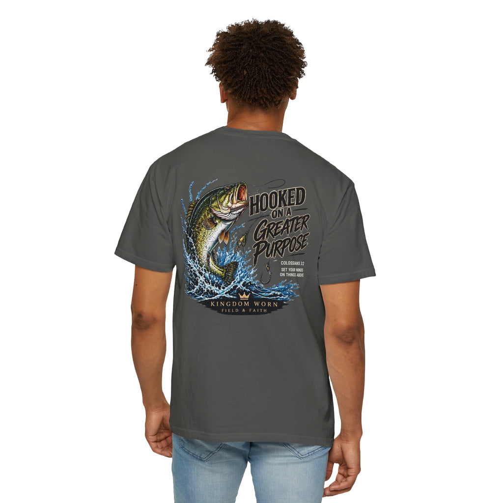 Hooked on a Greater Purpose Christian Fishing T-Shirt — Colossians 3:2