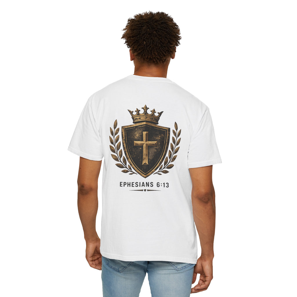 Ephesians 6:13 Christian T-shirt with shield and crown design