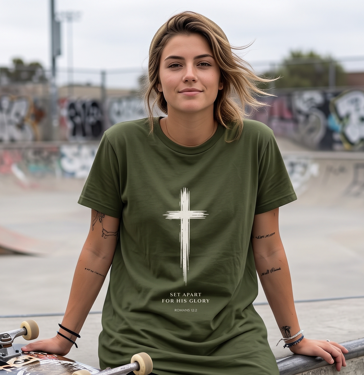 Kingdom Worn Set Apart for His Glory Romans 12:2 Cross Faith Tee Front Design