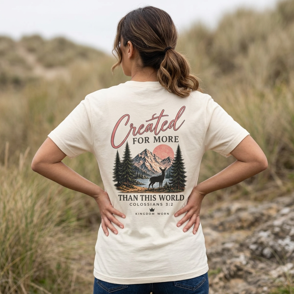 Women's Created For More Christian T-Shirt featuring Colossians 3:2