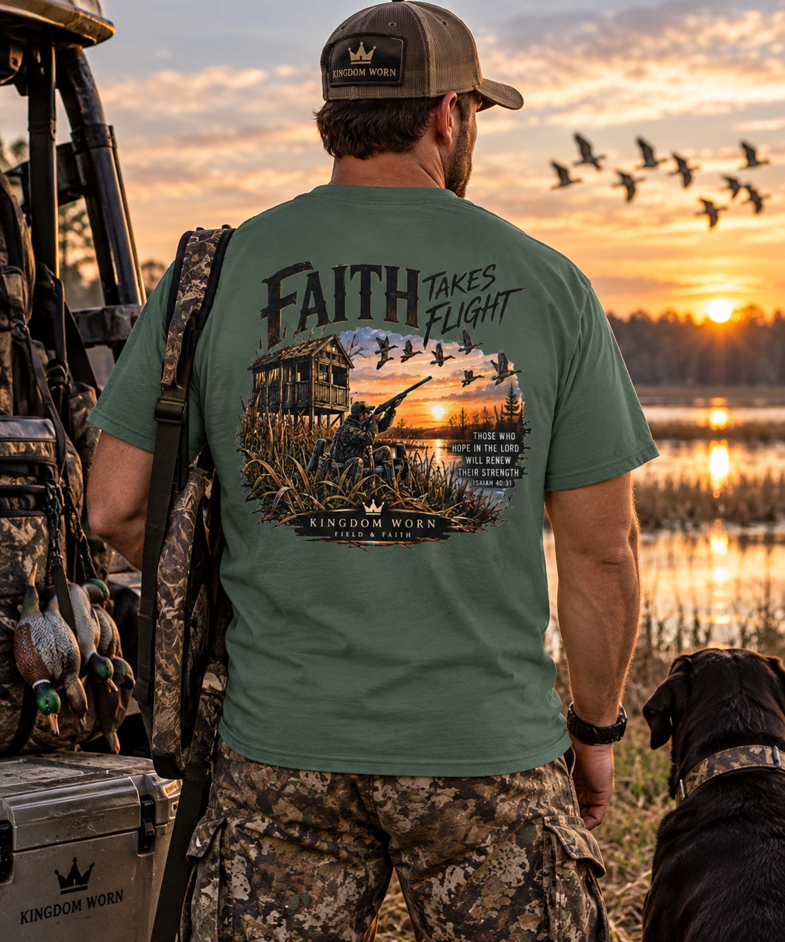 Faith Takes Flight Christian hunting T-shirt featuring a hunter, waterfowl, sunrise, and Isaiah 40:31