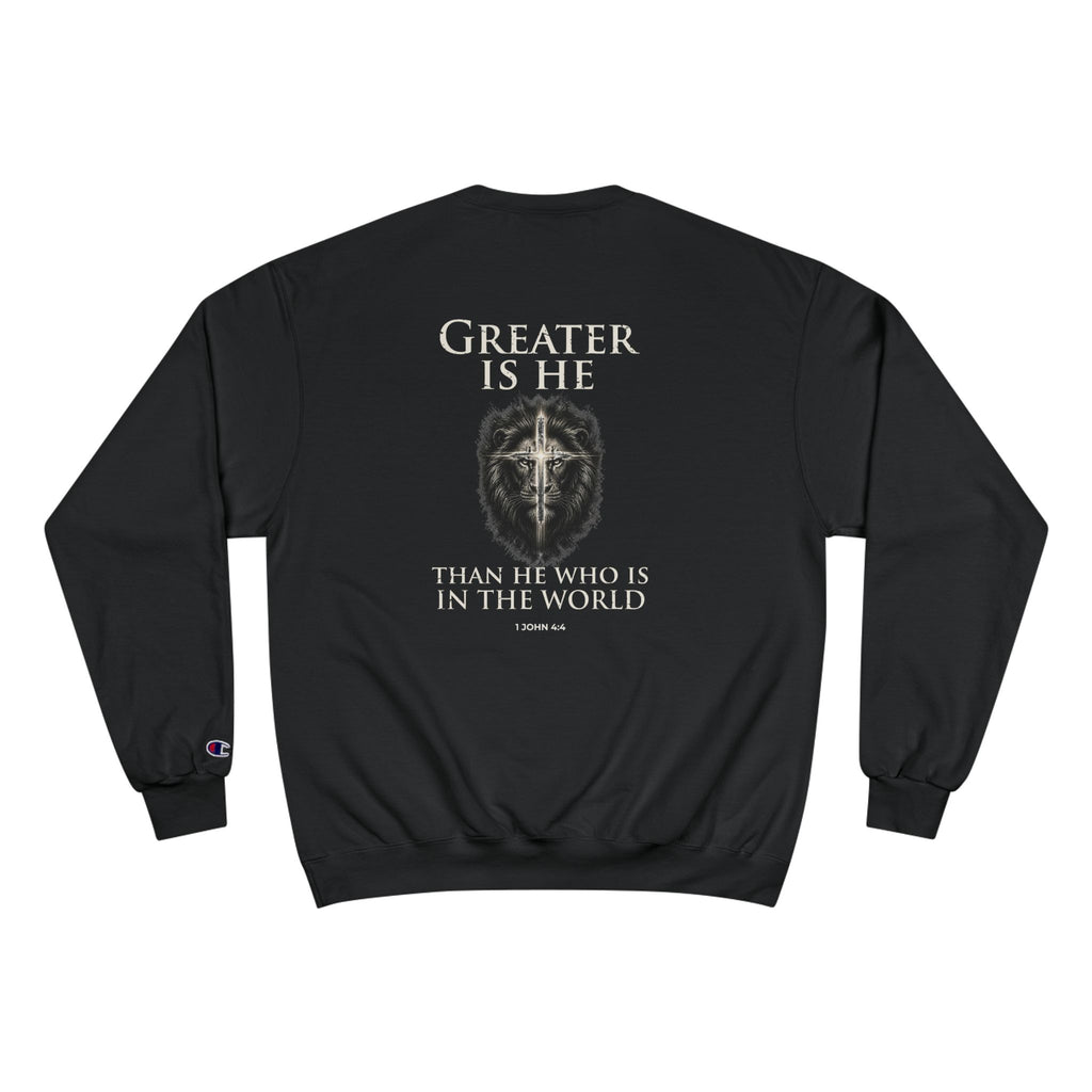 Greater Is He – 1 John 4:4 Lion Back Print Christian Crewneck