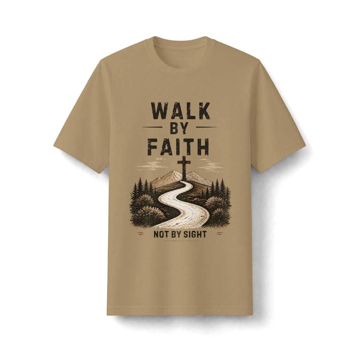Walk by Faith Not by Sight Christian T-Shirt with mountain road and cross inspired by 2 Corinthians 5:7