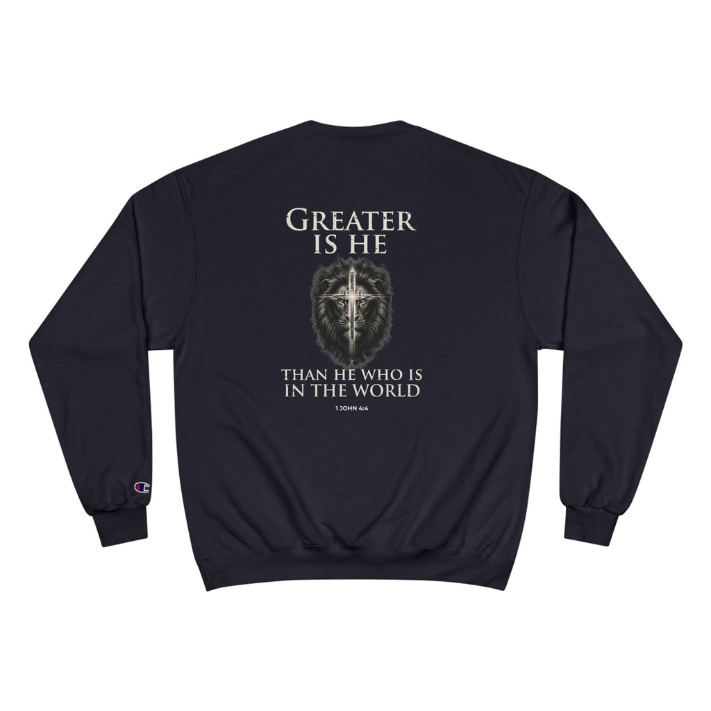 Greater Is He – 1 John 4:4 Lion Back Print Christian Crewneck