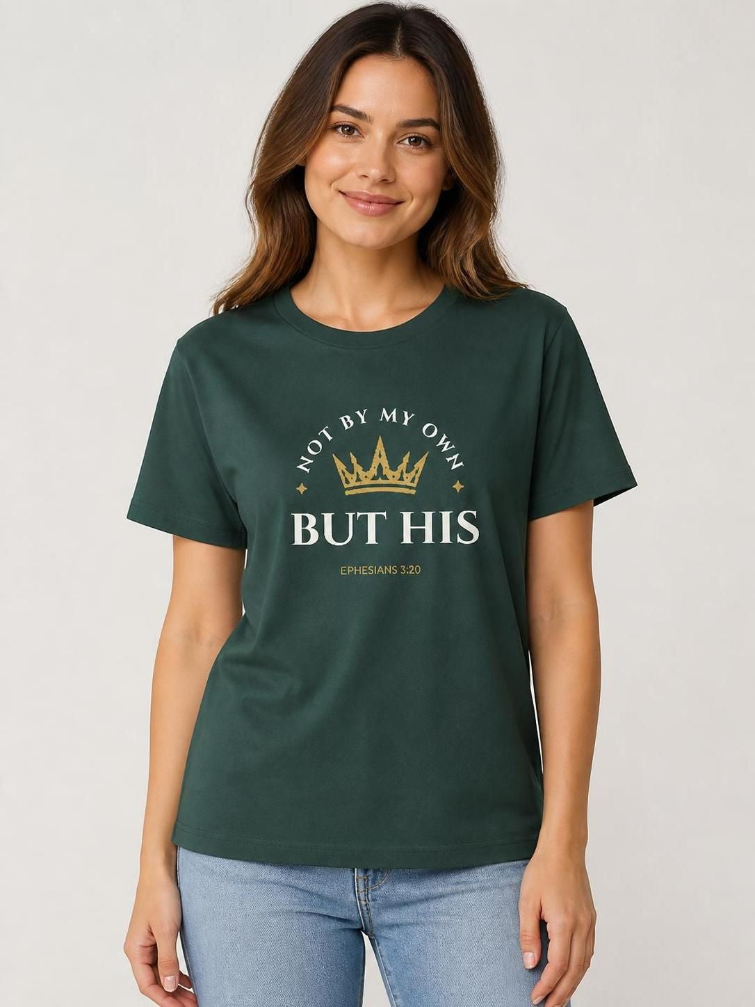Not By My Own But His Ephesians 3:20 Christian T-Shirt made with organic cotton and recycled polyester