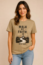 Walk by Faith Not by Sight Christian T-Shirt with mountain road and cross inspired by 2 Corinthians 5:7