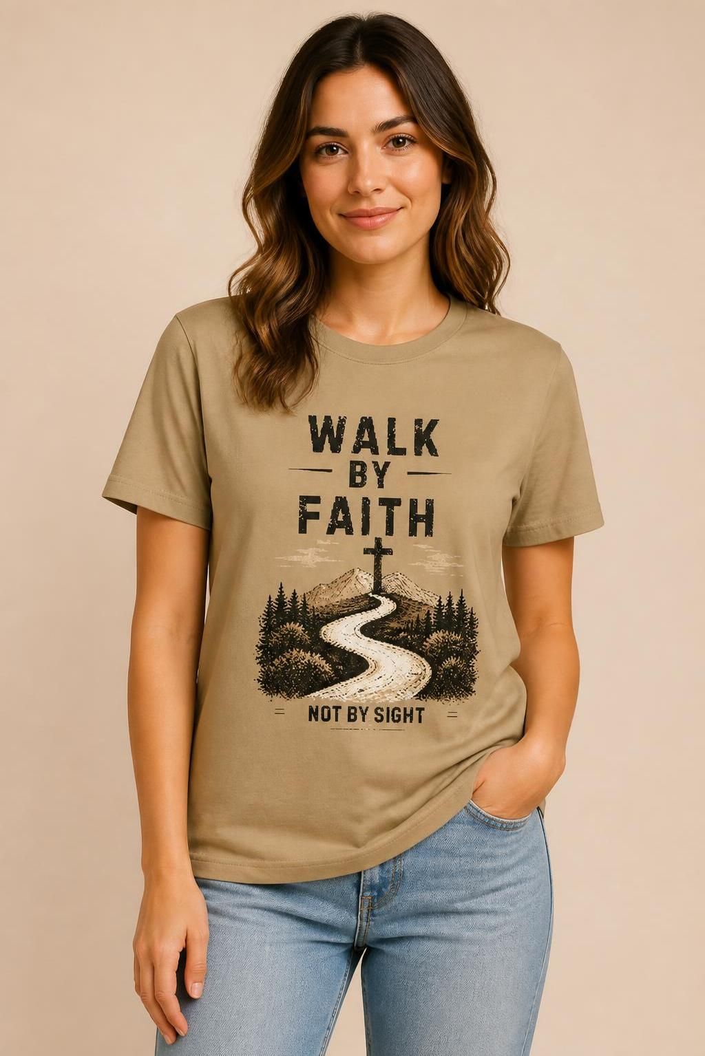 Walk by Faith Not by Sight Christian T-Shirt with mountain road and cross inspired by 2 Corinthians 5:7
